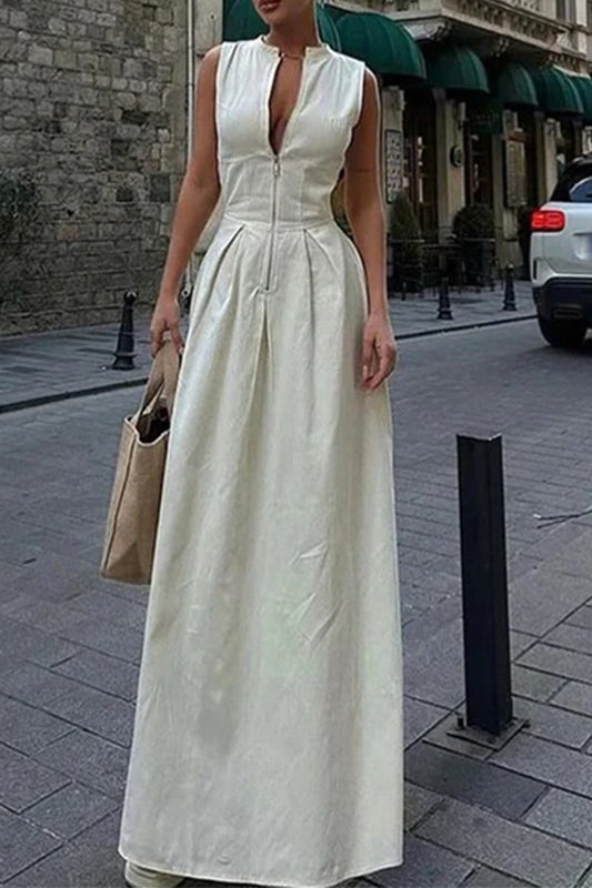 Lässige, einfarbige, lange Kleider mit Reißverschluss und O-Ausschnitt