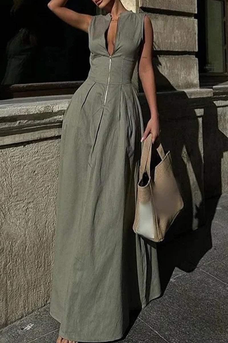 Robe longue décontractée à col rond avec poches et fermeture éclair de couleur unie