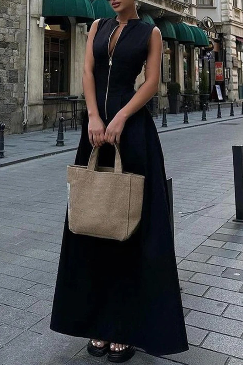 Robe longue décontractée à col rond avec poches et fermeture éclair de couleur unie