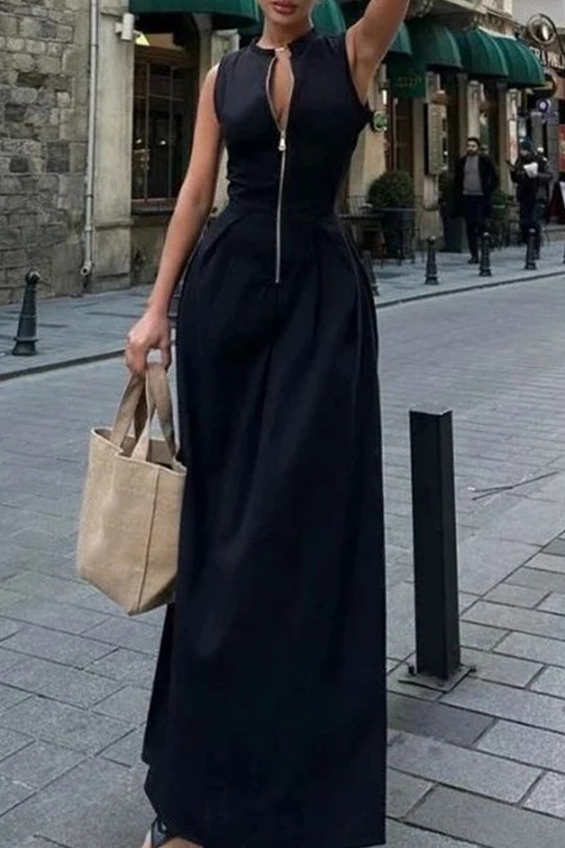 Robe longue décontractée à col rond avec poches et fermeture éclair de couleur unie