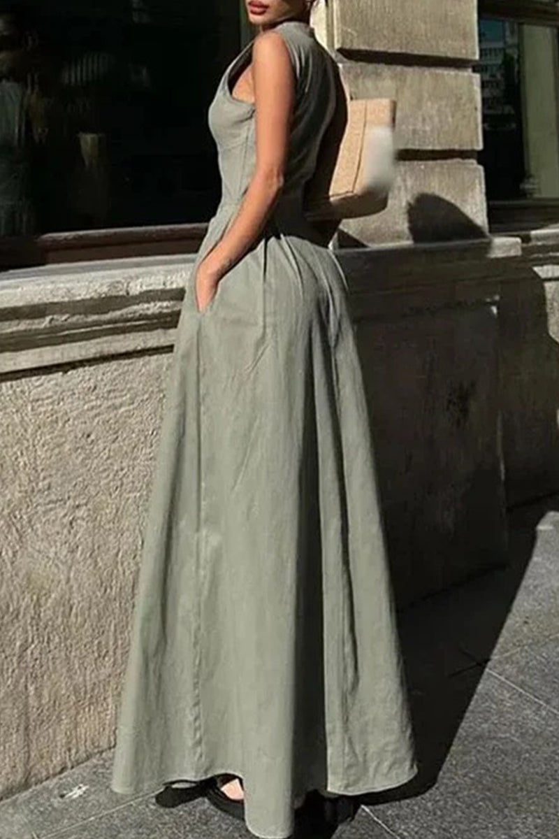 Robe longue décontractée à col rond avec poches et fermeture éclair de couleur unie