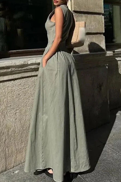 Robe longue décontractée à col rond avec poches et fermeture éclair de couleur unie