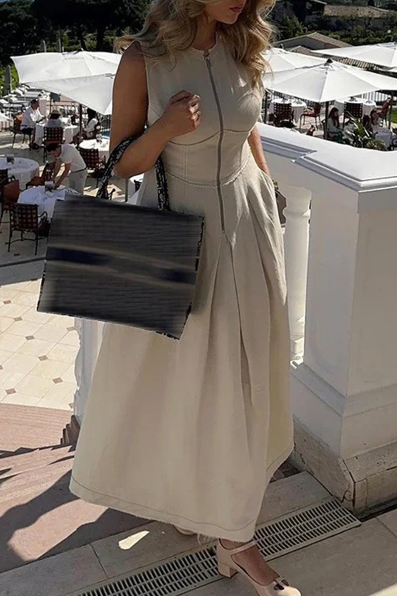 Robe longue décontractée à col rond avec poches et fermeture éclair de couleur unie