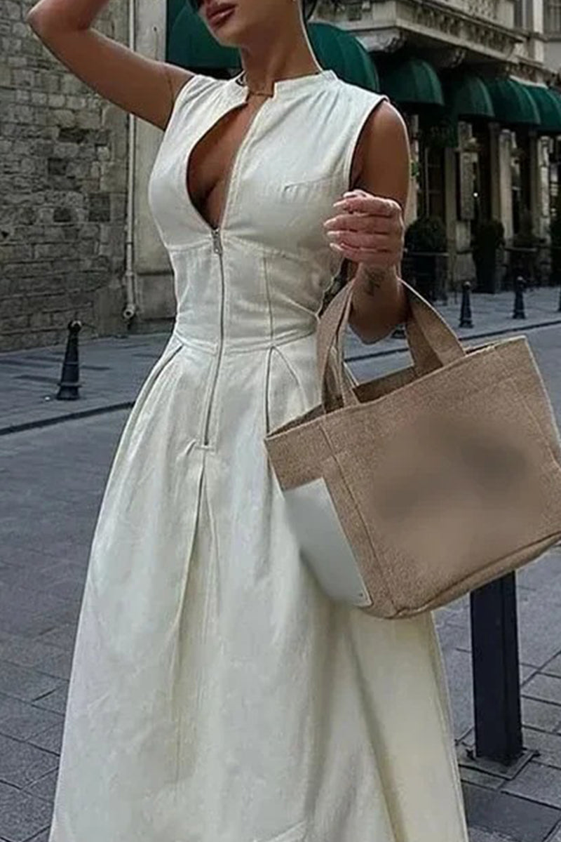 Robe longue décontractée à col rond avec poches et fermeture éclair de couleur unie