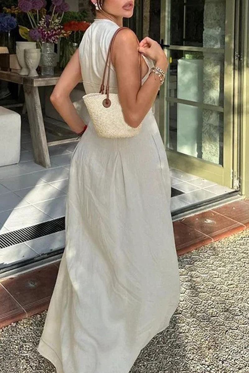 Robe longue décontractée à col rond avec poches et fermeture éclair de couleur unie