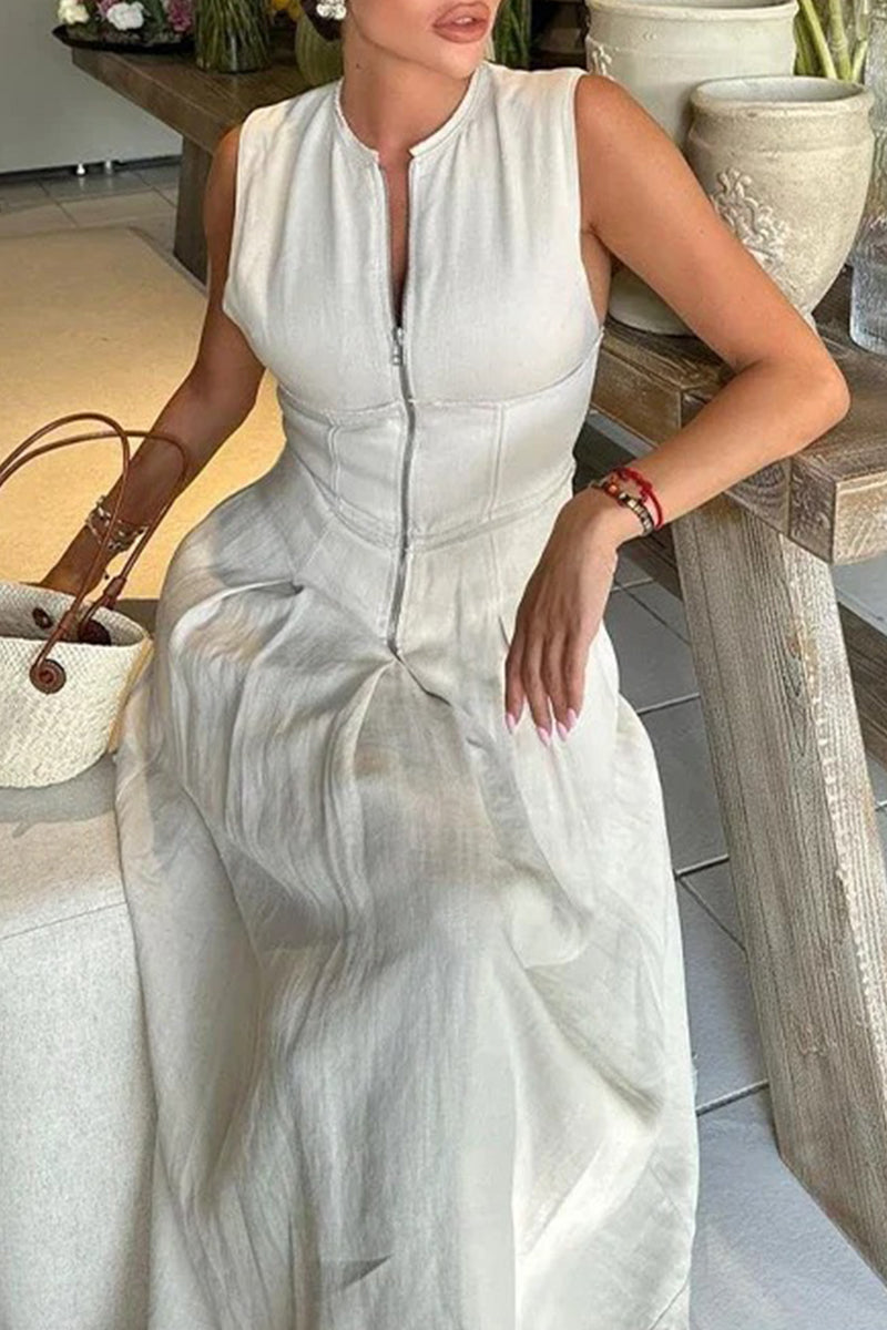 Robe longue décontractée à col rond avec poches et fermeture éclair de couleur unie