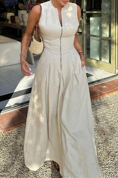 Robe longue décontractée à col rond avec poches et fermeture éclair de couleur unie