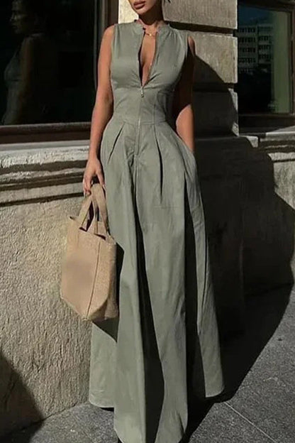 Robe longue décontractée à col rond avec poches et fermeture éclair de couleur unie