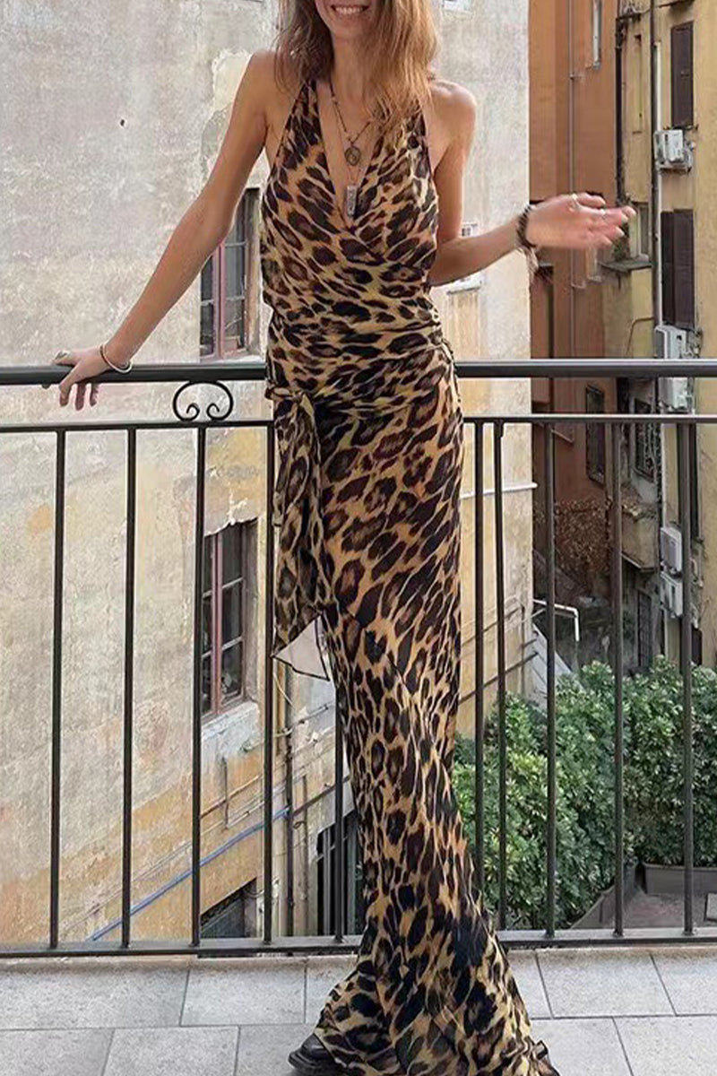 Sexy Leopardenmuster, Schnürung, rückenfrei, Neckholder, ärmellos, zweiteilig