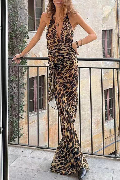 Sexy Leopardenmuster, Schnürung, rückenfrei, Neckholder, ärmellos, zweiteilig