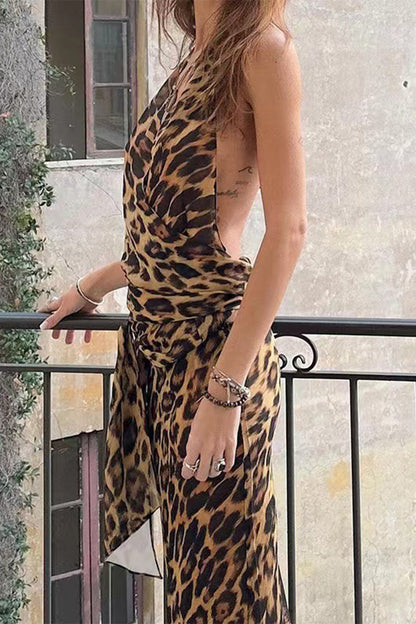 Sexy Leopardenmuster, Schnürung, rückenfrei, Neckholder, ärmellos, zweiteilig