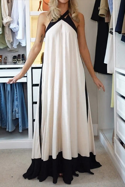 Casual Patchwork Contrast Halter Long Dresses