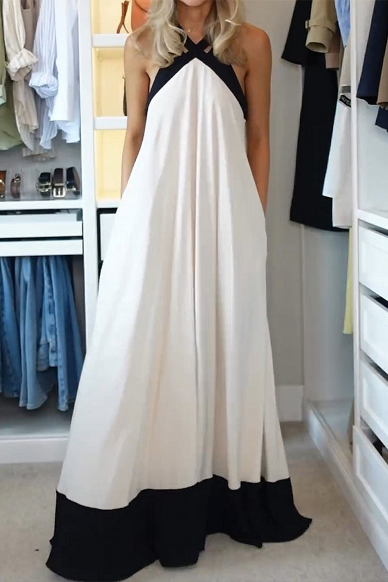 Casual Patchwork Contrast Halter Long Dresses