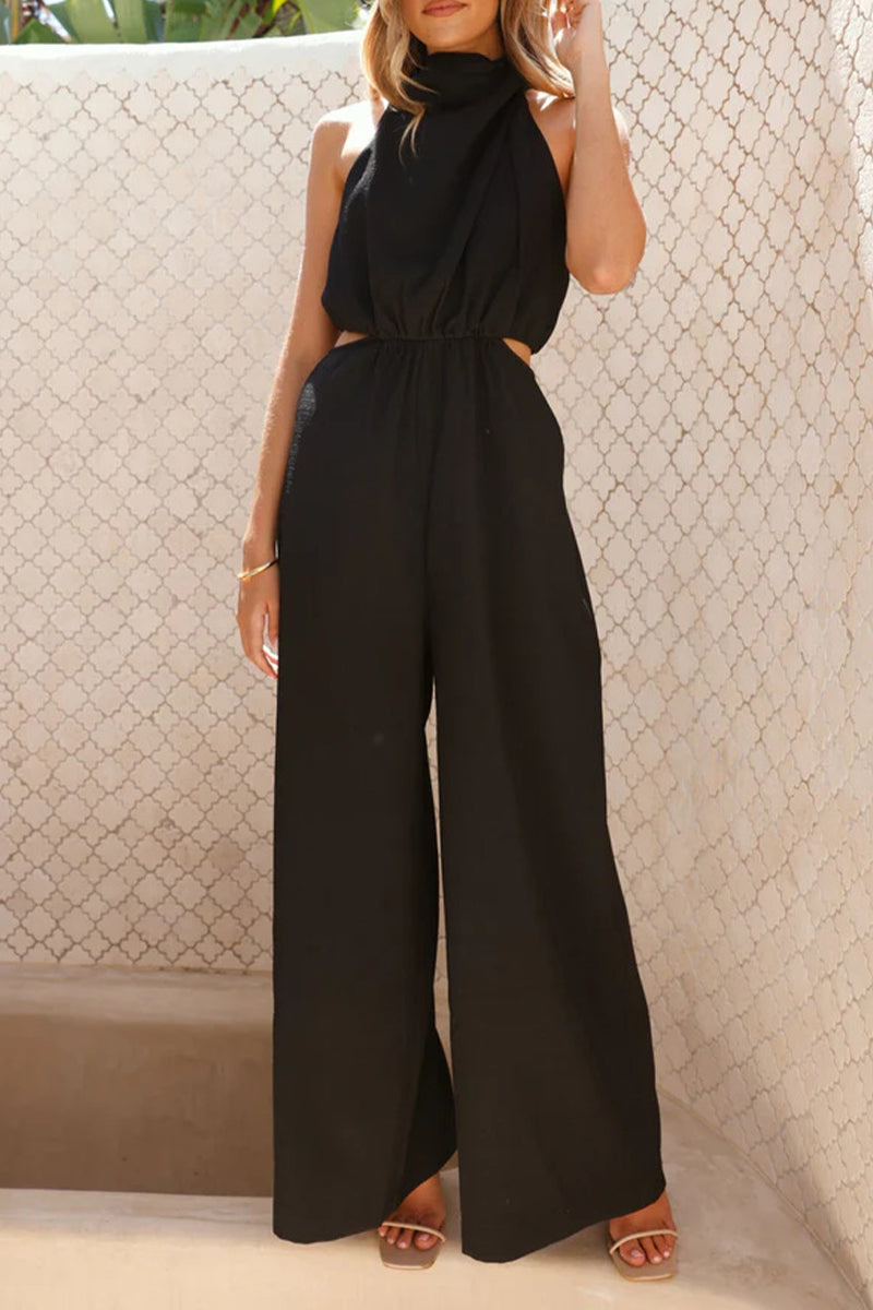 Casual Hollow Out Pocket Halter Loose Jumpsuits(4 Colors)