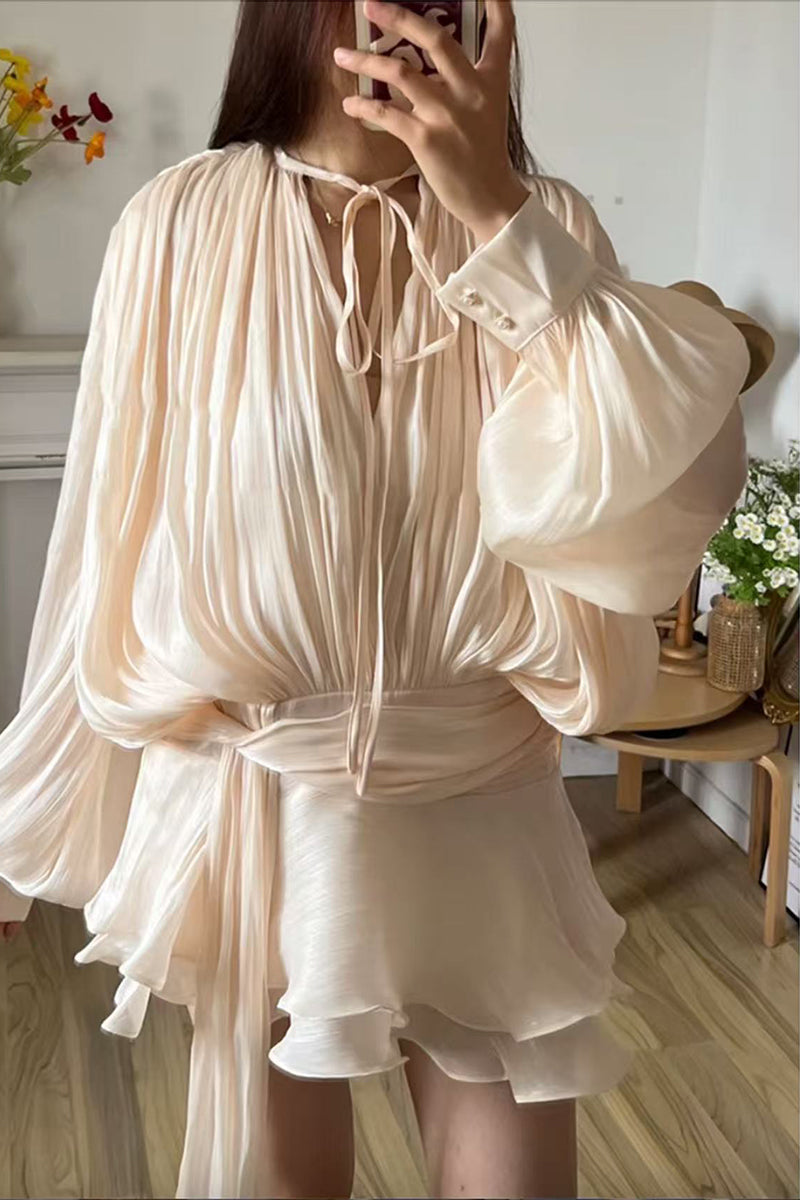 Ensemble deux pièces élégant à lacets, volants, col rond, manches longues