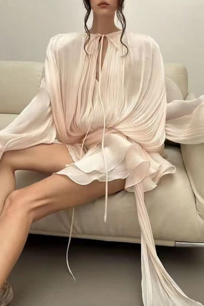 Ensemble deux pièces élégant à lacets, volants, col rond, manches longues