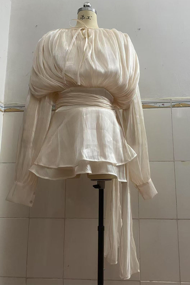 Ensemble deux pièces élégant à lacets, volants, col rond, manches longues