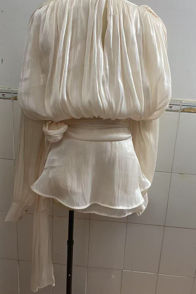 Ensemble deux pièces élégant à lacets, volants, col rond, manches longues