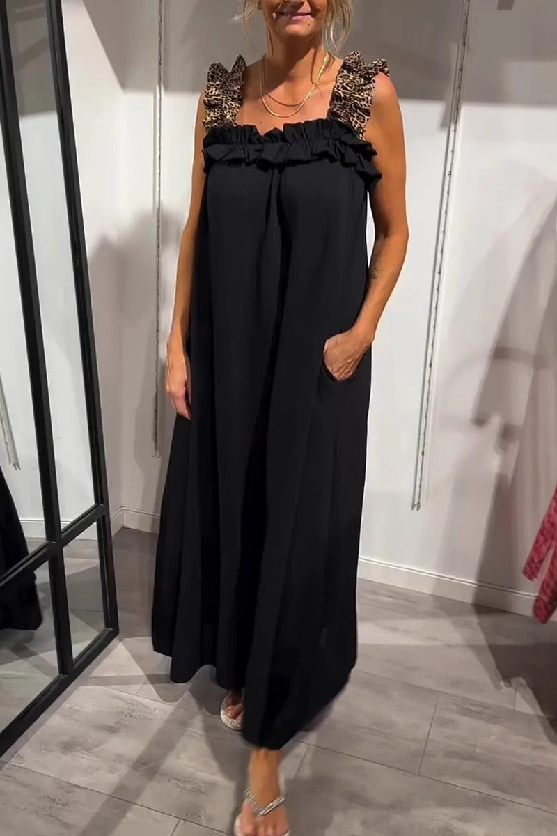 Casual Leopard Pocket Patchwork Flounce Square Neck Long Dresses(8 Colors)