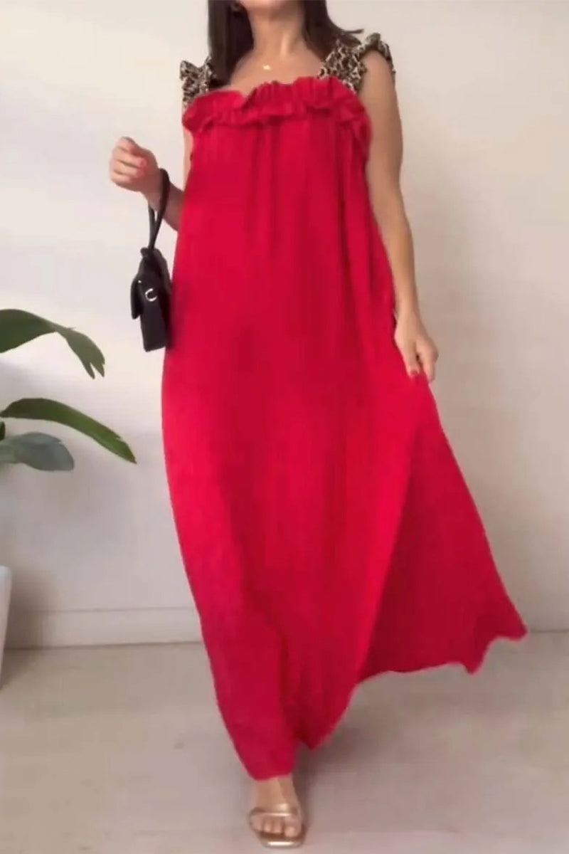 Casual Leopard Pocket Patchwork Flounce Square Neck Long Dresses(8 Colors)