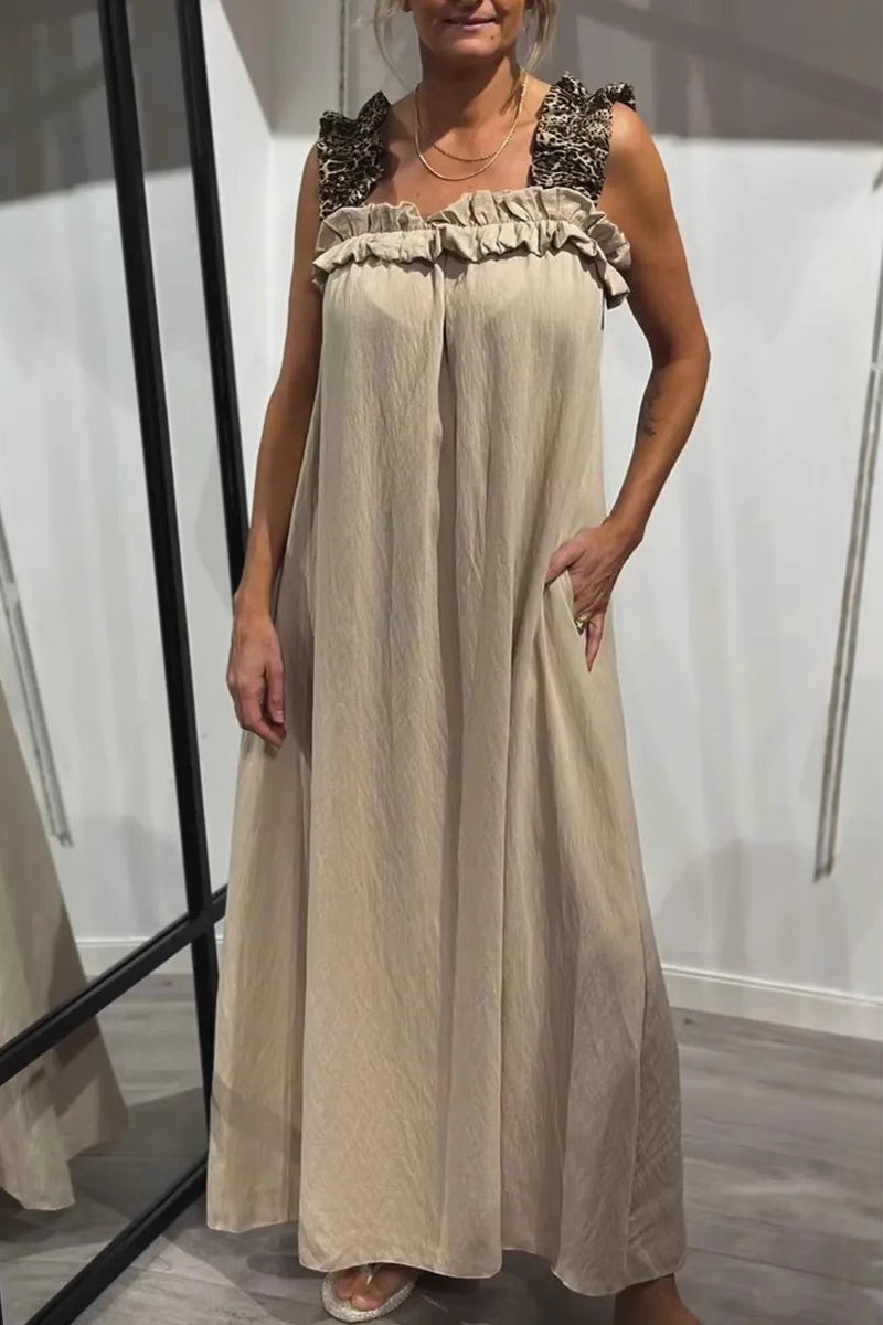 Casual Leopard Pocket Patchwork Flounce Square Neck Long Dresses(8 Colors)