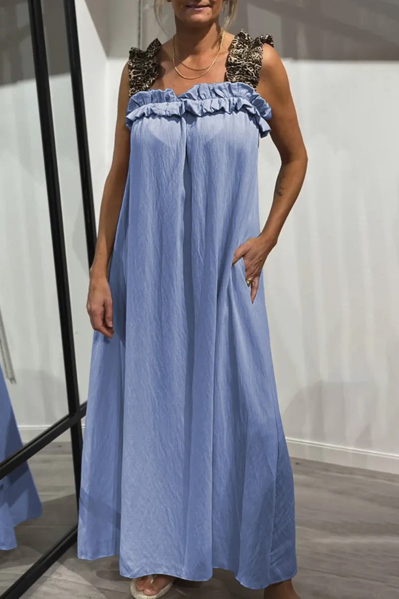 Casual Leopard Pocket Patchwork Flounce Square Neck Long Dresses(8 Colors)