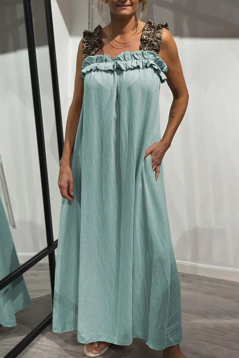 Casual Leopard Pocket Patchwork Flounce Square Neck Long Dresses(8 Colors)