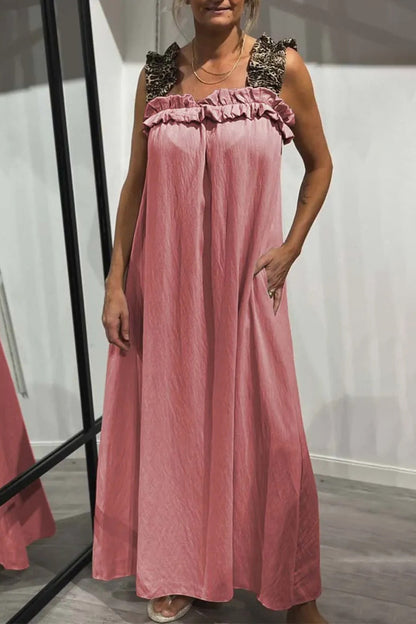 Casual Leopard Pocket Patchwork Flounce Square Neck Long Dresses(8 Colors)