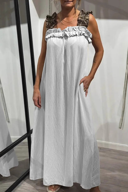 Casual Leopard Pocket Patchwork Flounce Square Neck Long Dresses(8 Colors)