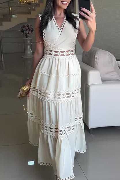 Casual Embroidered Hollow Out V Neck Sleeveless Dresses