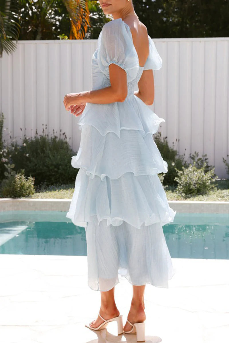 Casual Backless Flounce Square Neck Cake Skirt Dresses