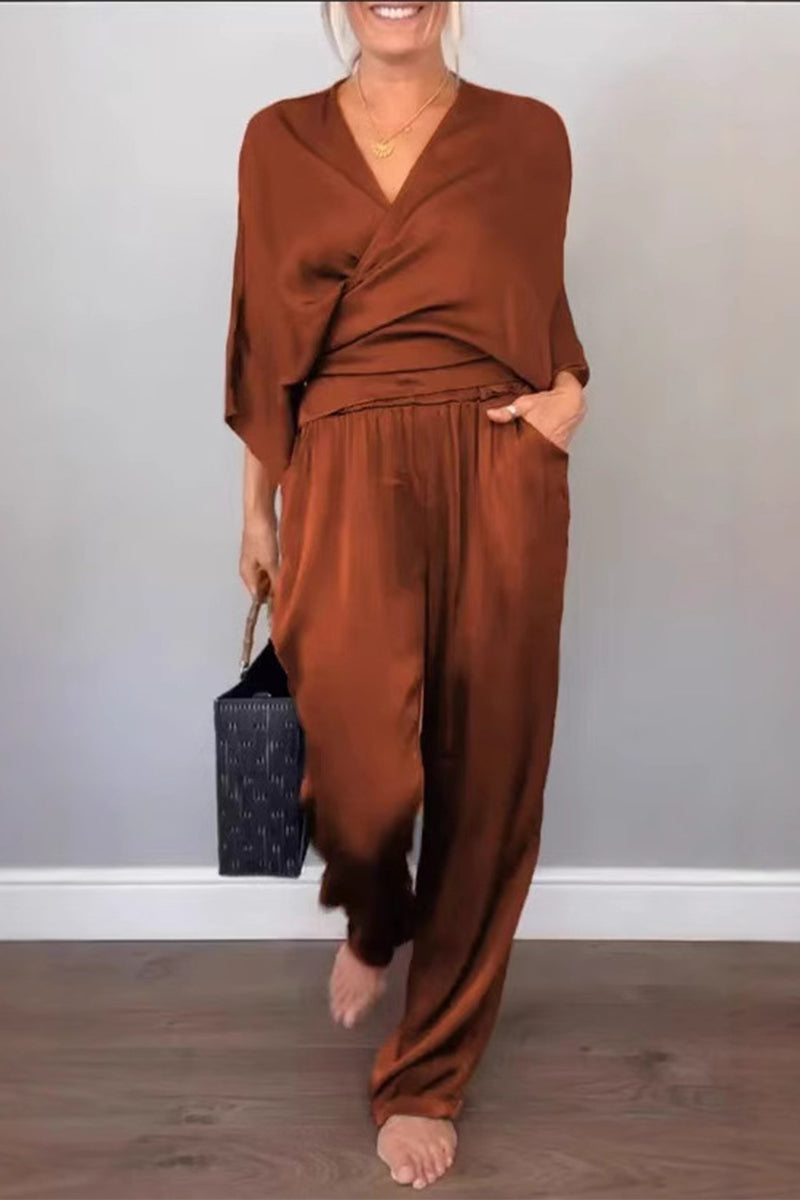 Casual Pocket V Neck Three Quarter Two Pieces(7 Colors)