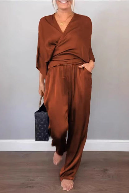 Casual Pocket V Neck Three Quarter Two Pieces(7 Colors)