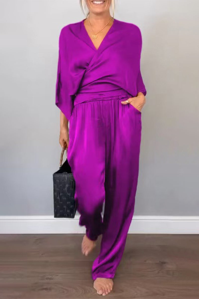 Casual Pocket V Neck Three Quarter Two Pieces(7 Colors)