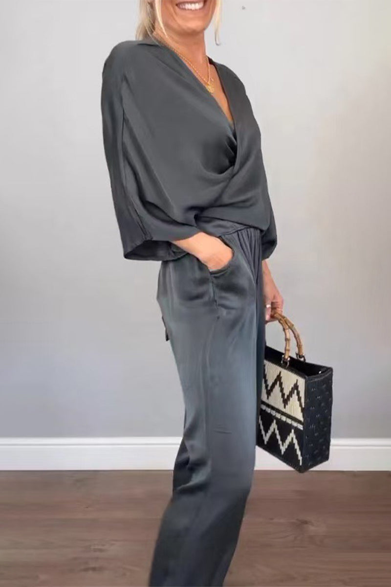 Casual Pocket V Neck Three Quarter Two Pieces(7 Colors)