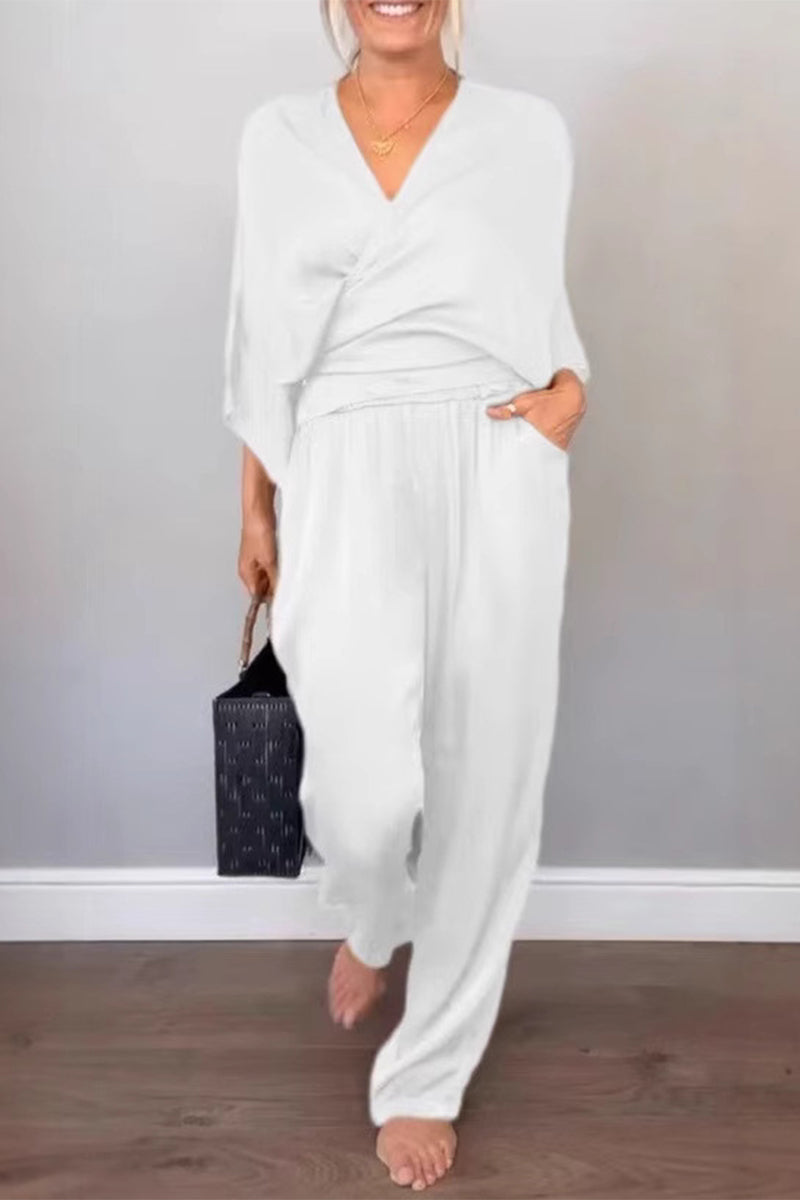 Casual Pocket V Neck Three Quarter Two Pieces(7 Colors)