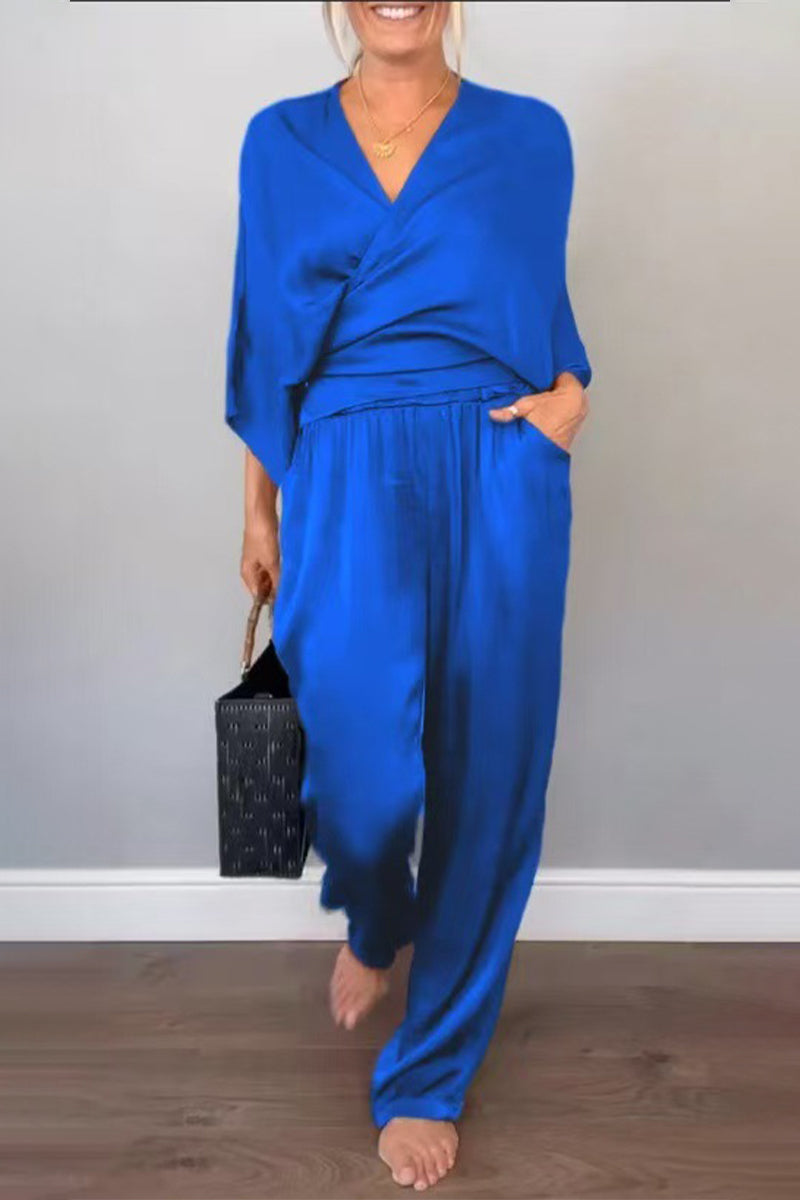 Casual Pocket V Neck Three Quarter Two Pieces(7 Colors)