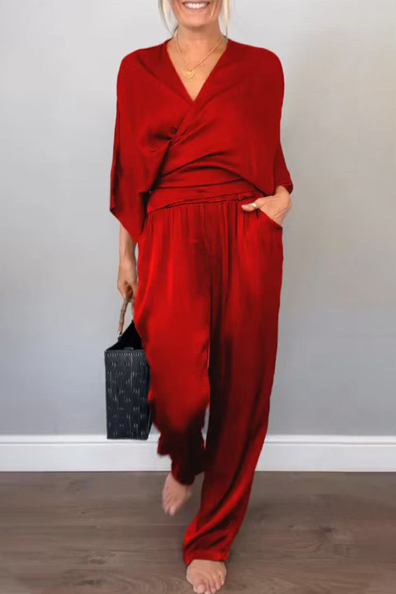 Casual Pocket V Neck Three Quarter Two Pieces(7 Colors)