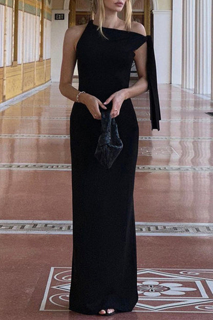 Robe longue sexy à lacets de couleur unie avec épaules inclinées irrégulières