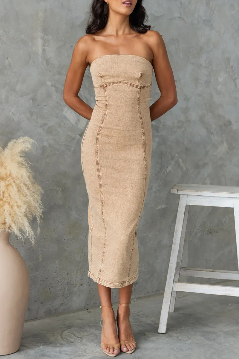 Robe sexy en jean skinny sans manches avec fente et fermeture éclair de couleur unie