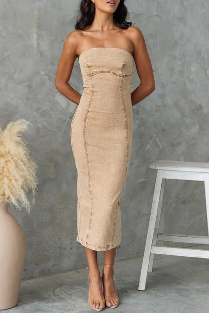 Robe sexy en jean skinny sans manches avec fente et fermeture éclair de couleur unie