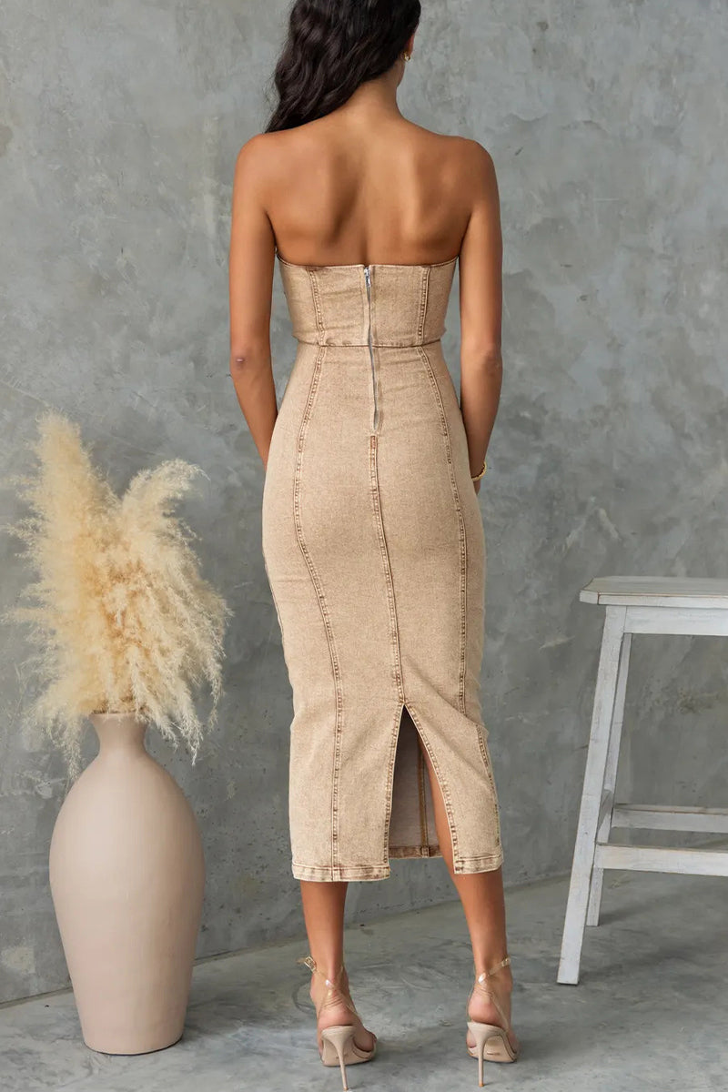 Robe sexy en jean skinny sans manches avec fente et fermeture éclair de couleur unie