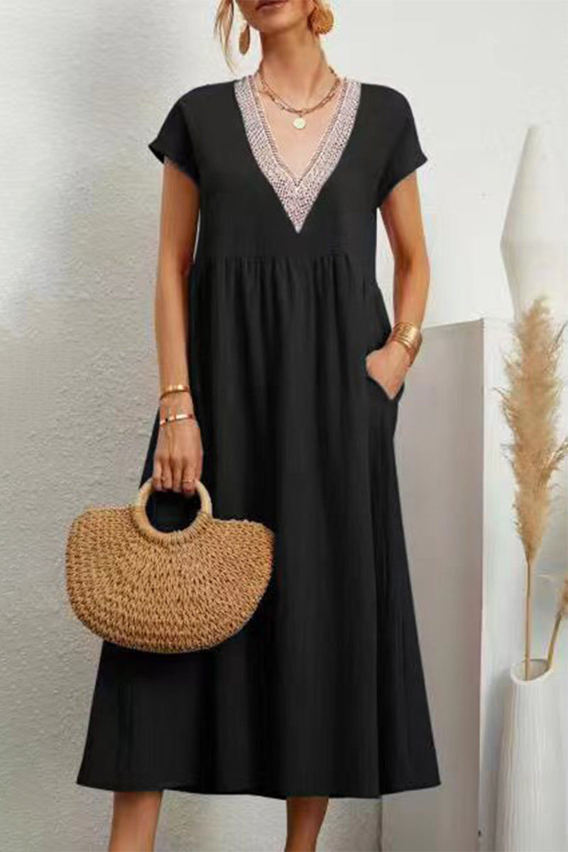 Casual Solid Color Pocket V Neck Short Sleeve Short Sleeve Dress