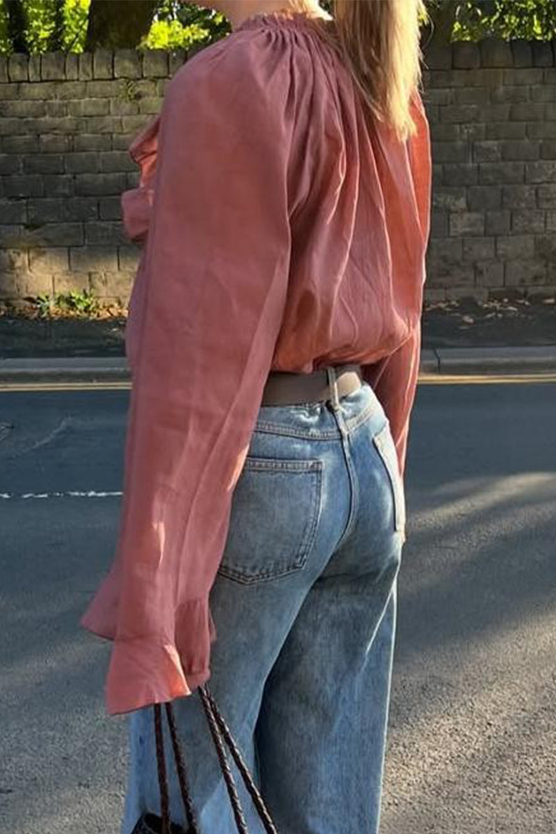 Casual Solid Color Lace Up Flounce V Neck Tops