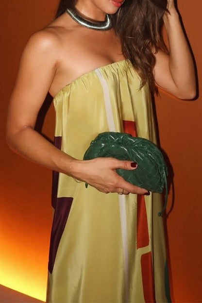 Casual Geometric Print Contrast Strapless Long Dresses