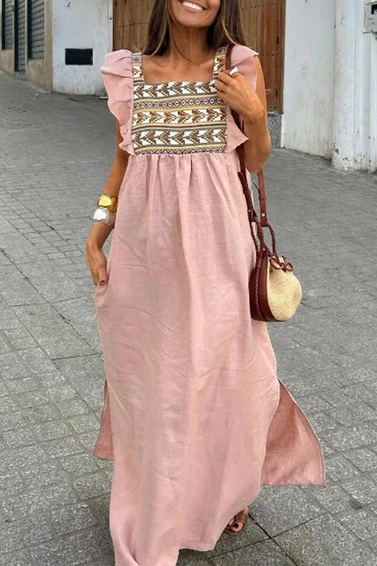 Täglich elegante Kleider mit geometrischem Druck, Volant und quadratischem Ausschnitt in A-Linie