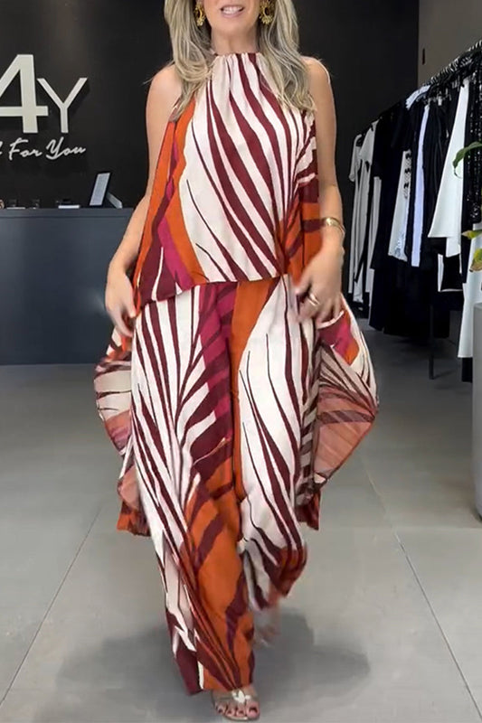 Lässiger Streifendruck, Schnürung, unregelmäßiger Kontrast, O-Ausschnitt, ärmellos, zweiteilig