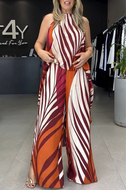 Lässiger Streifendruck, Schnürung, unregelmäßiger Kontrast, O-Ausschnitt, ärmellos, zweiteilig