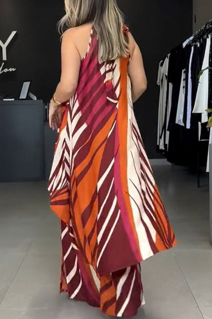 Lässiger Streifendruck, Schnürung, unregelmäßiger Kontrast, O-Ausschnitt, ärmellos, zweiteilig