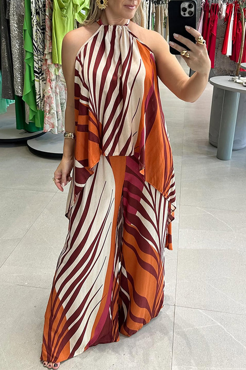 Lässiger Streifendruck, Schnürung, unregelmäßiger Kontrast, O-Ausschnitt, ärmellos, zweiteilig